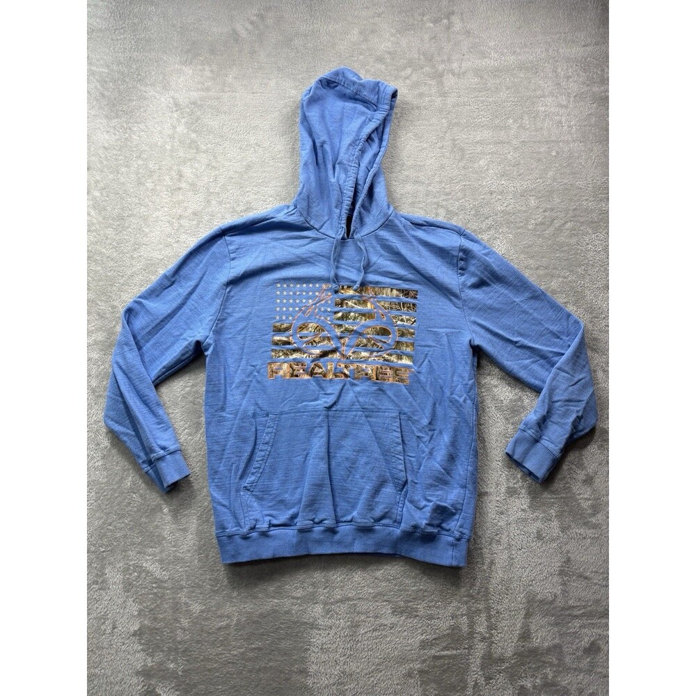 Realtree Men’s Hoodie Size L Blue Camo Logo American Flag Fleece Pullover